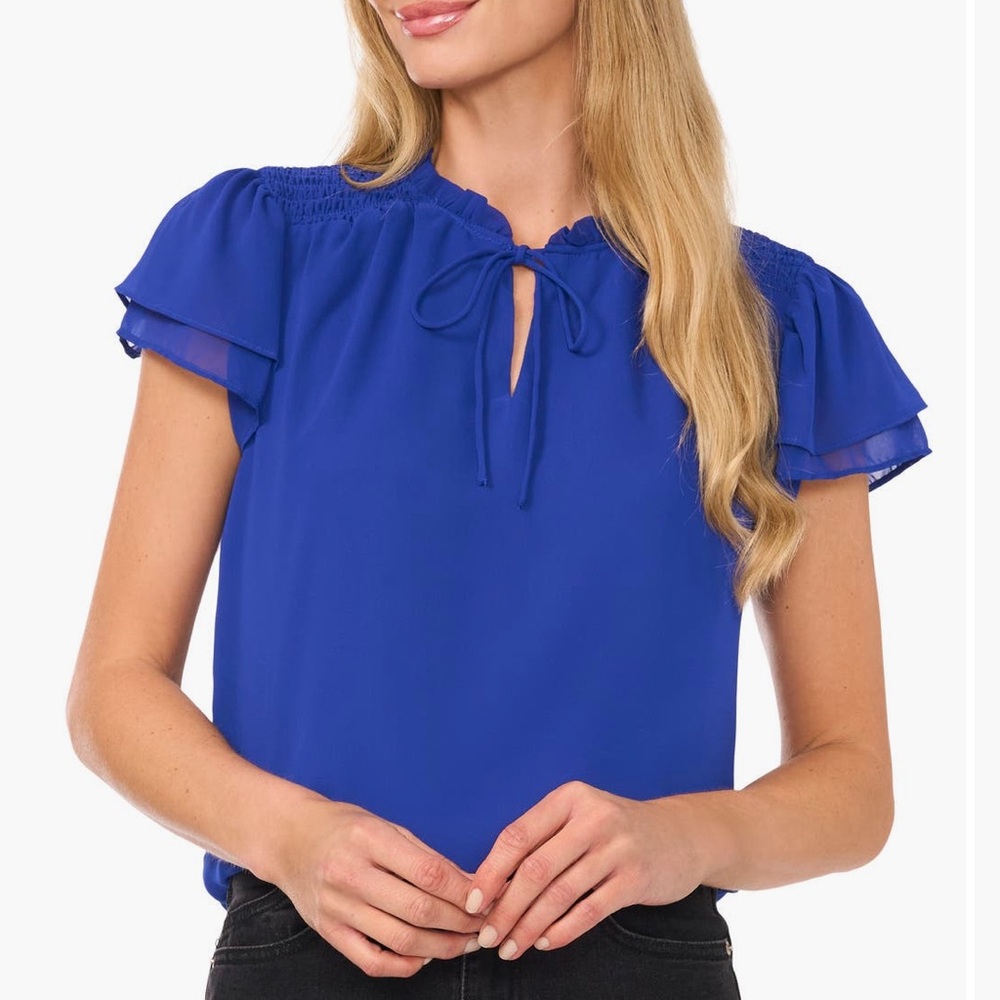CeCe Blue Smocked Flutter Sleeve Ruffled Blouse with Mandarin Collar